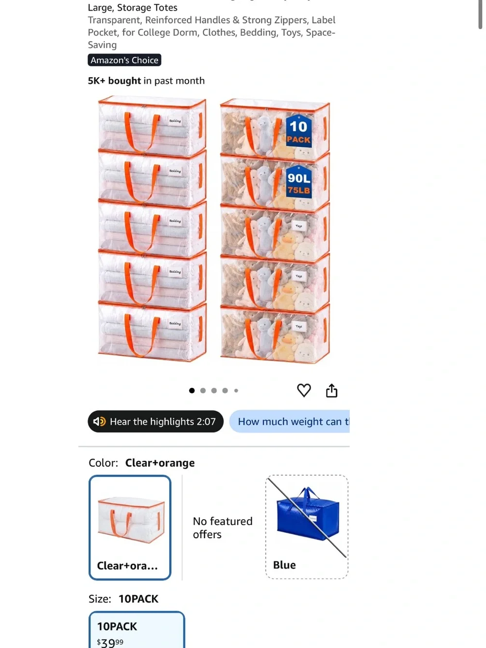 Clear Plastic Storage Bags with Orange Trim - 10-Pack